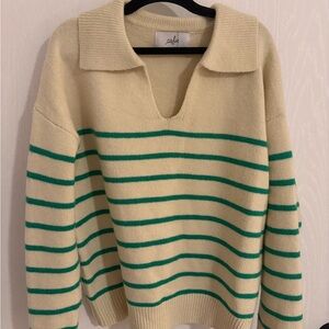 Cream and Green Striped V-Neck Sweater